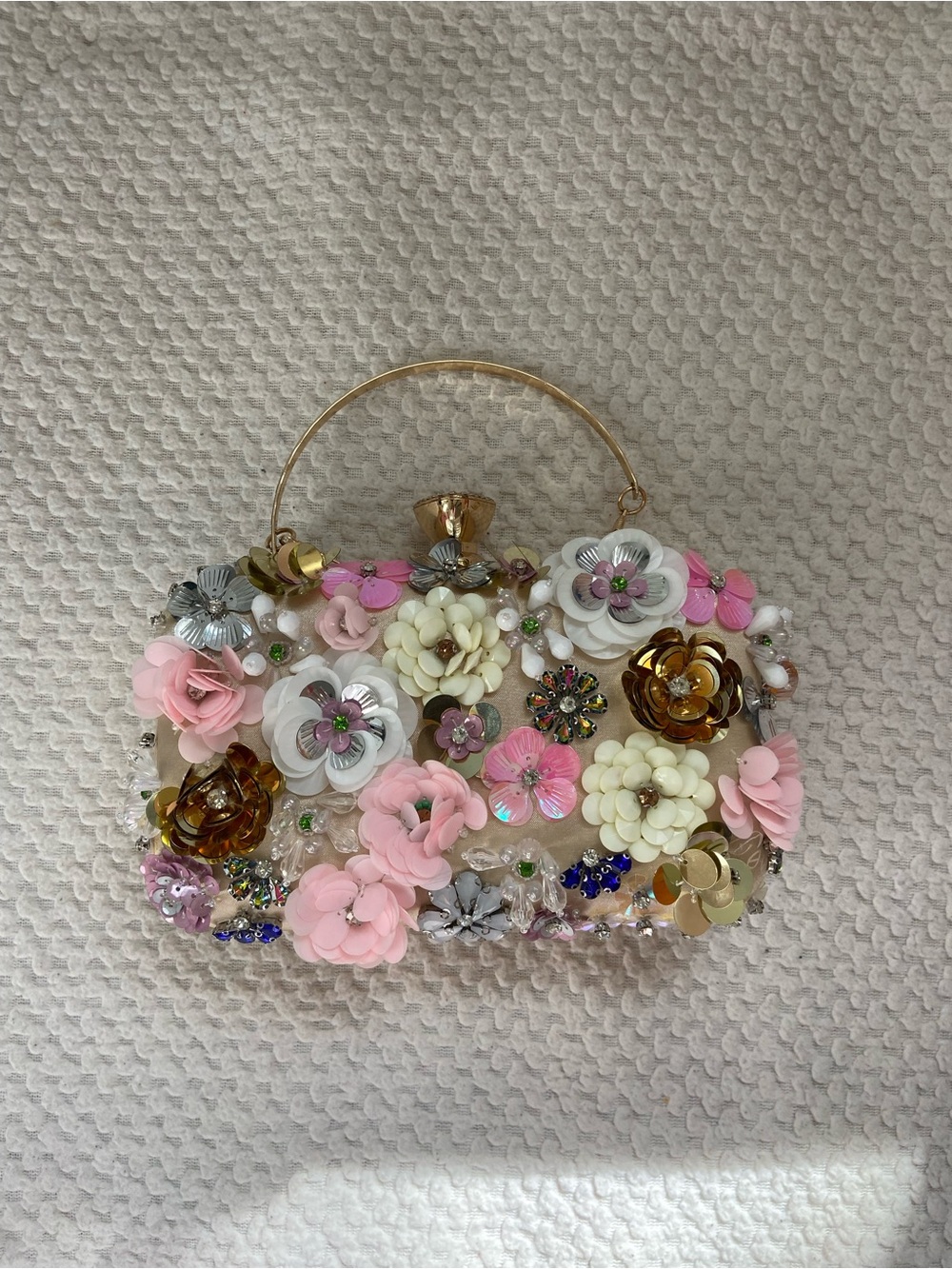 Floral Embellished Clear Top-Handle Bag in Pink, Cream & Gold